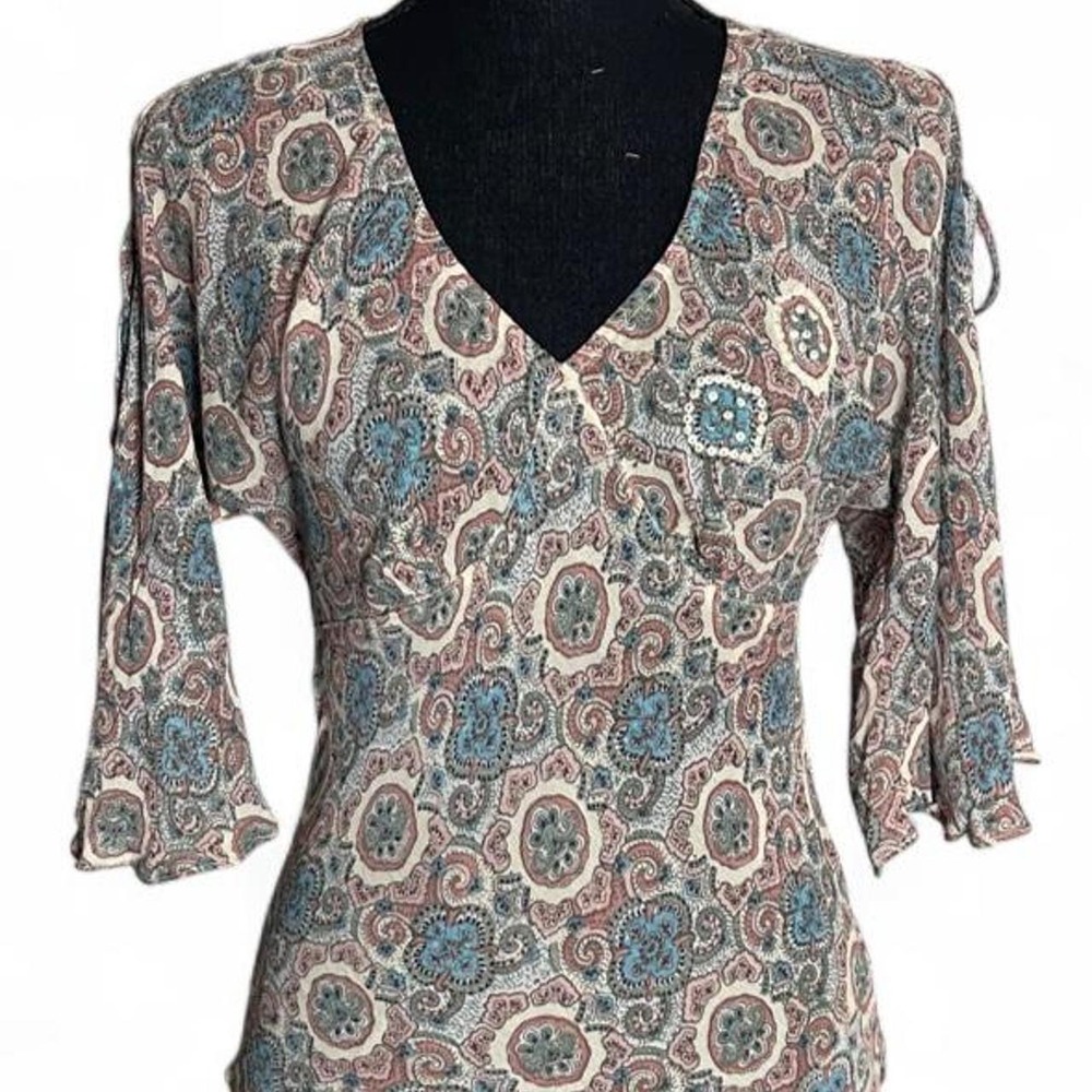 Y2K paisley fairy babydoll blouse with small sequin design and split sleeves